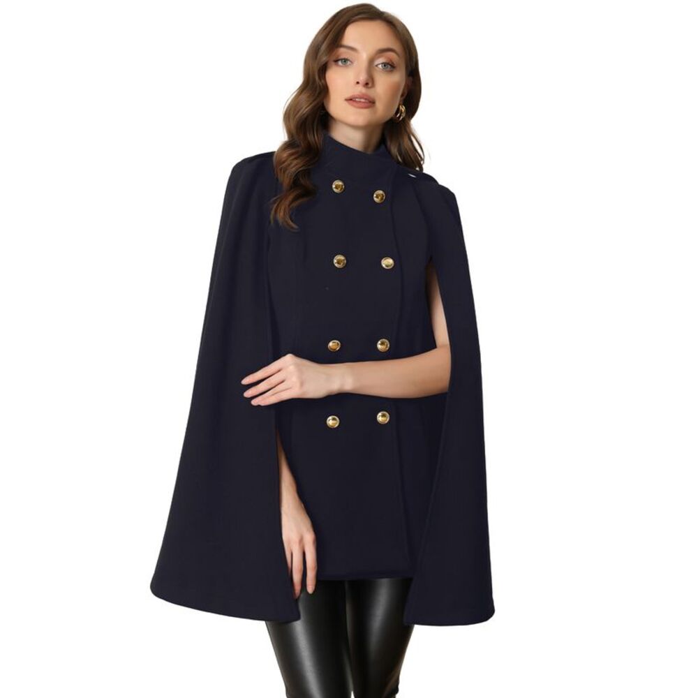 Cape Coats Winter Slit Sleeve Double Breasted Cloak Coat Dark Blue